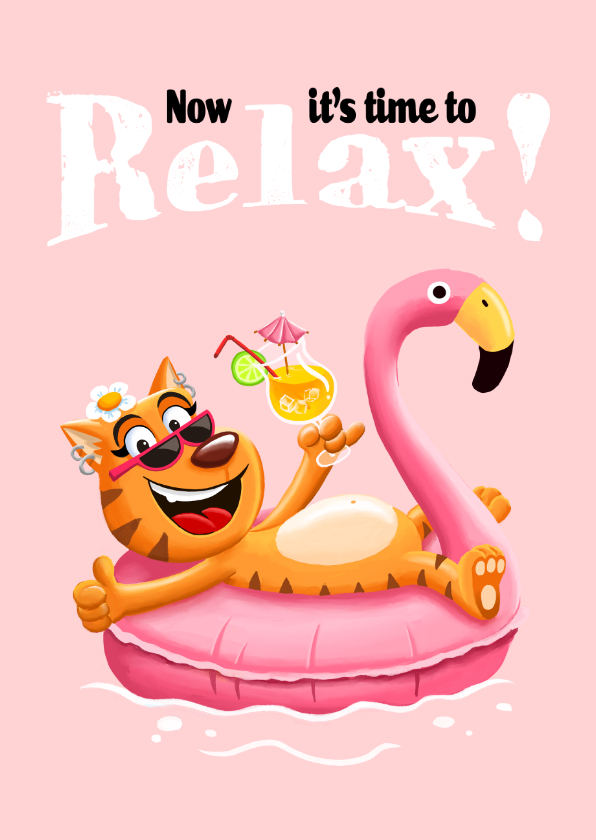 Felicitatiekaart pensioen poes relaxt in flamingo zwemband - Felicitatiekaarten Felicitatiekaarten - Felicitatiekaart pensioen poes relaxt in flamingo zwemband