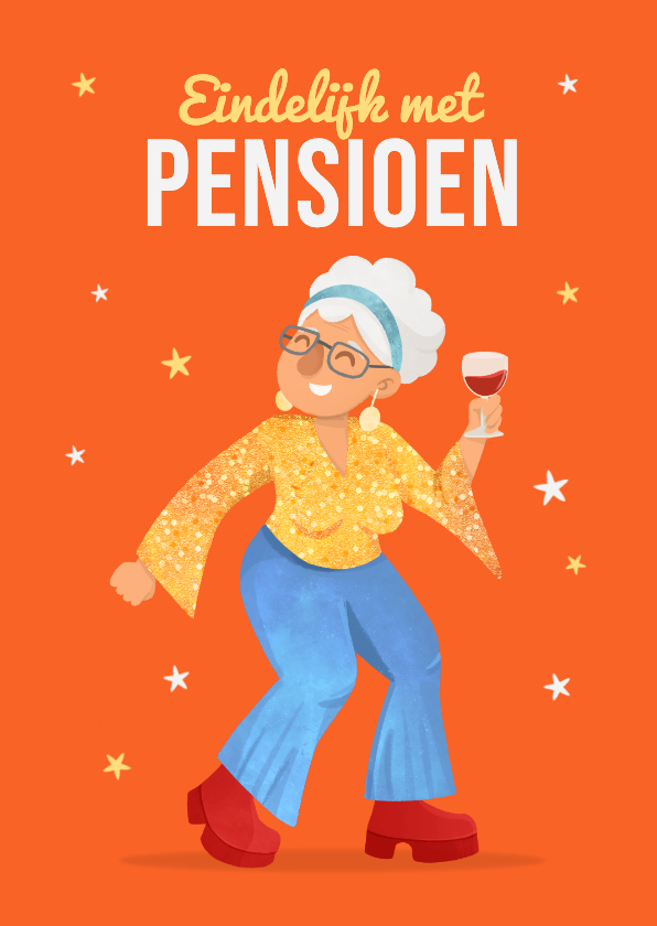 Felicitatiekaart pensioen vrouw cartoon disco gefeliciteerd - Felicitatiekaarten Felicitatiekaarten - Felicitatiekaart pensioen vrouw cartoon disco gefeliciteerd