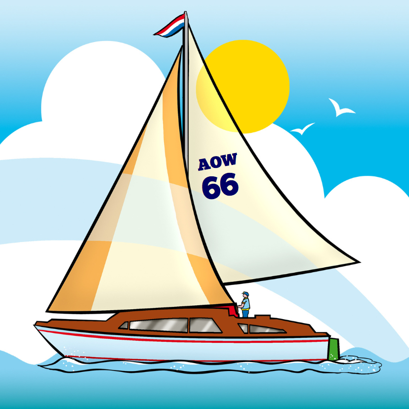 Felicitatiekaart pensioen zeilboot met tekst AOW 66 - Felicitatiekaarten Felicitatiekaarten - Felicitatiekaart pensioen zeilboot met tekst AOW 66