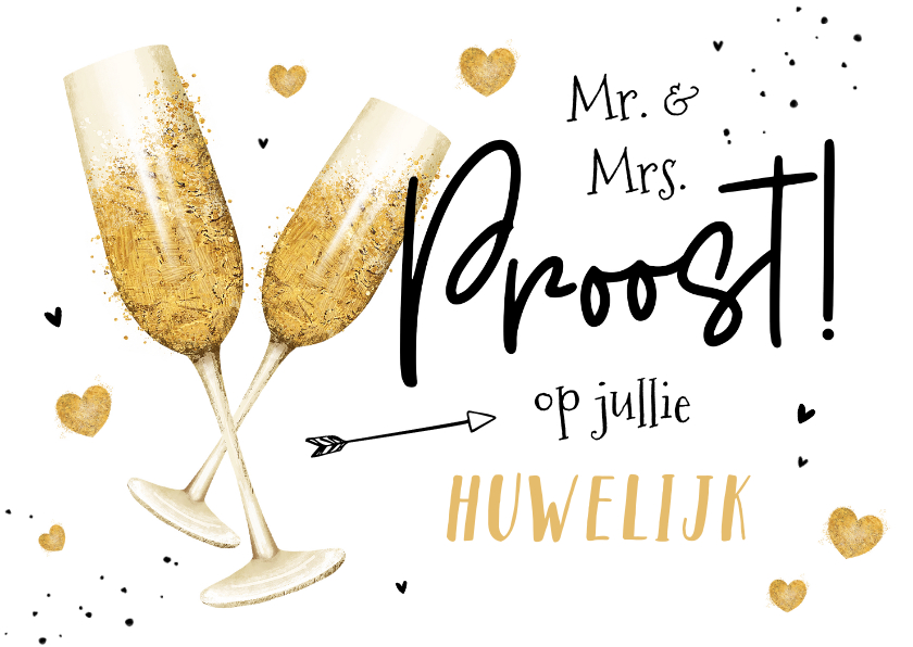 Felicitatiekaarten - Felicitatiekaart proost champagne huwelijk liefde hartjes