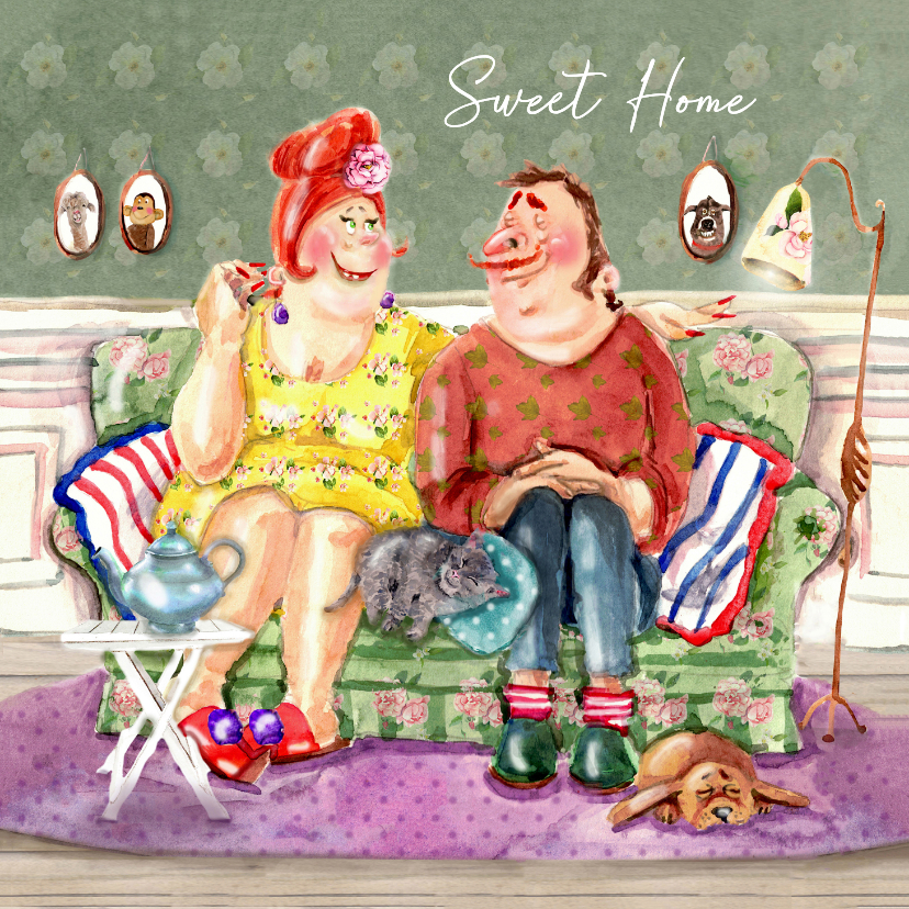 Felicitatiekaart Samen op de nieuwe bank met poes - Felicitatiekaarten Felicitatiekaarten - Felicitatiekaart Samen op de nieuwe bank met poes