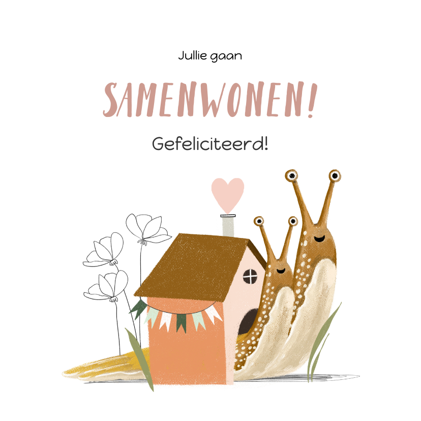 Felicitatiekaarten - Felicitatiekaart samenwonen met twee slakken onder één dak