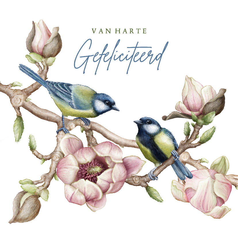 Felicitatiekaarten - Felicitatiekaart trouwen magnolia vogels koolmees botanical