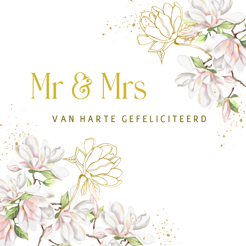 Felicitatiekaarten - Felicitatiekaart trouwen met magnolia met goud