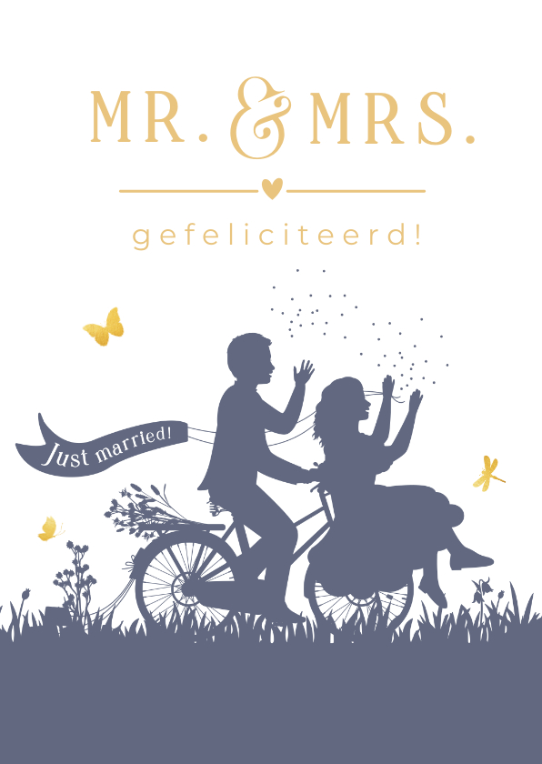 Felicitatiekaarten - Felicitatiekaart trouwen - silhouet van bruidspaar op fiets