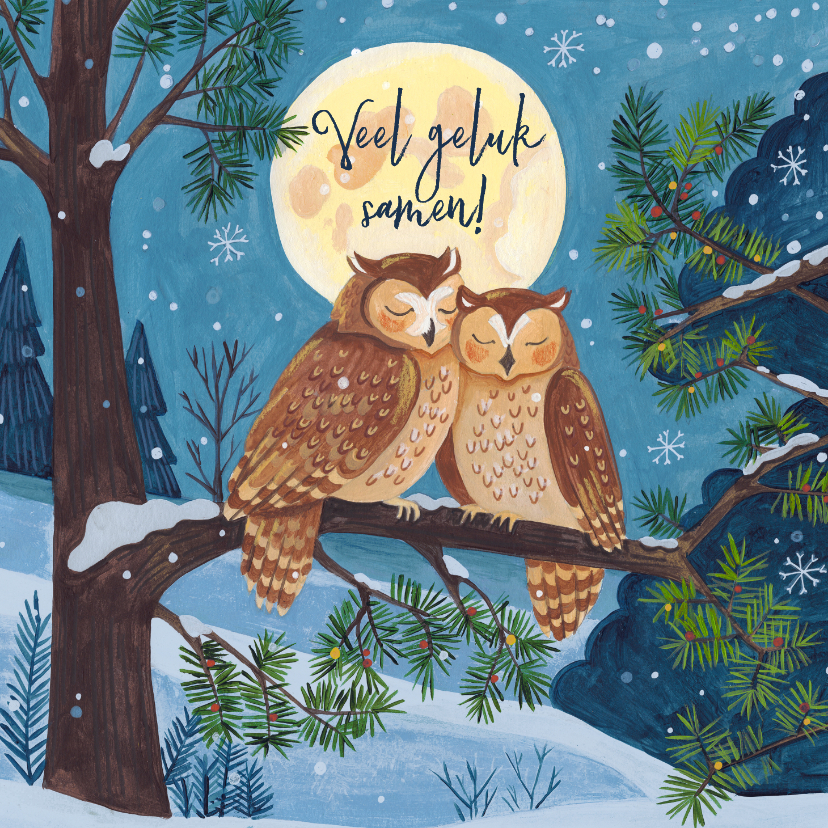 Felicitatiekaart twee uiltjes in maanlicht huwelijk - Felicitatiekaarten Felicitatiekaarten - Felicitatiekaart twee uiltjes in maanlicht huwelijk