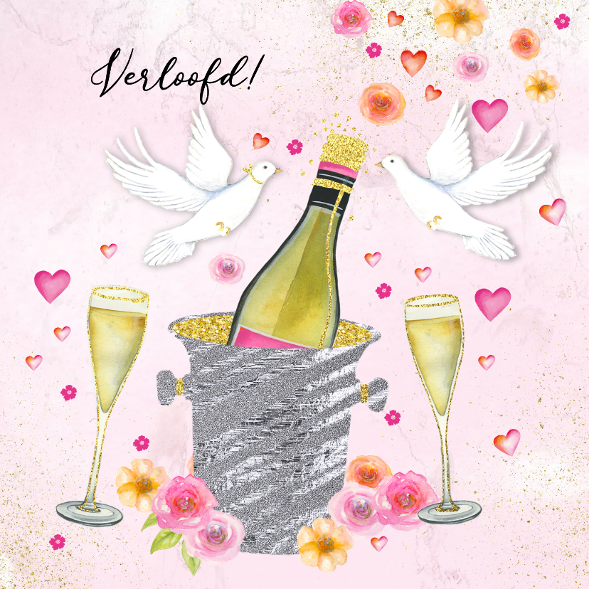 Felicitatiekaart verloofd champagne - Felicitatiekaarten Felicitatiekaarten - Felicitatiekaart verloofd champagne