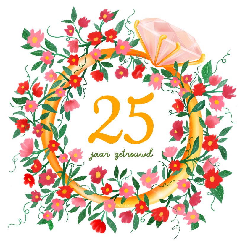 Felicitatiekaarten - Felicitatiekaart voor huwelijksjubileum met ring en bloemen
