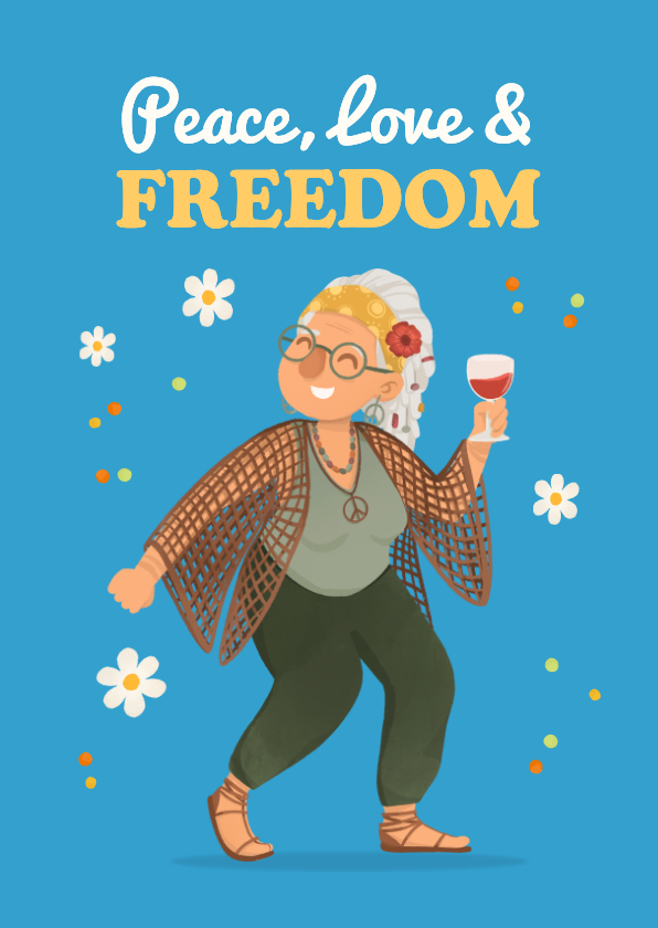 Felicitatiekaarten - Felicitatiekaart vrouw pensioen grappig hippie cartoon peace