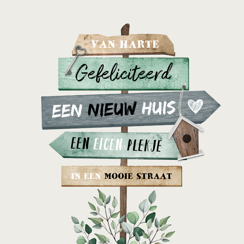 Felicitatiekaarten - felicitatiekaart wegwijzers nieuwe woning hout sleutel