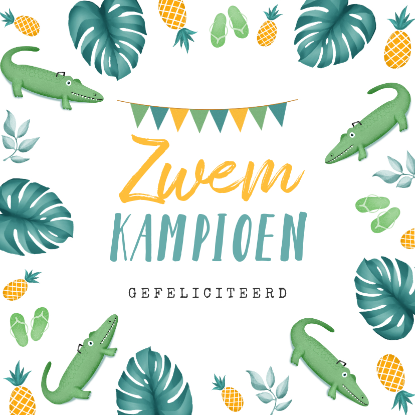 Felicitatiekaart zwemmen geslaagd krokodil ananas jongen - Felicitatiekaarten Felicitatiekaarten - Felicitatiekaart zwemmen geslaagd krokodil ananas jongen