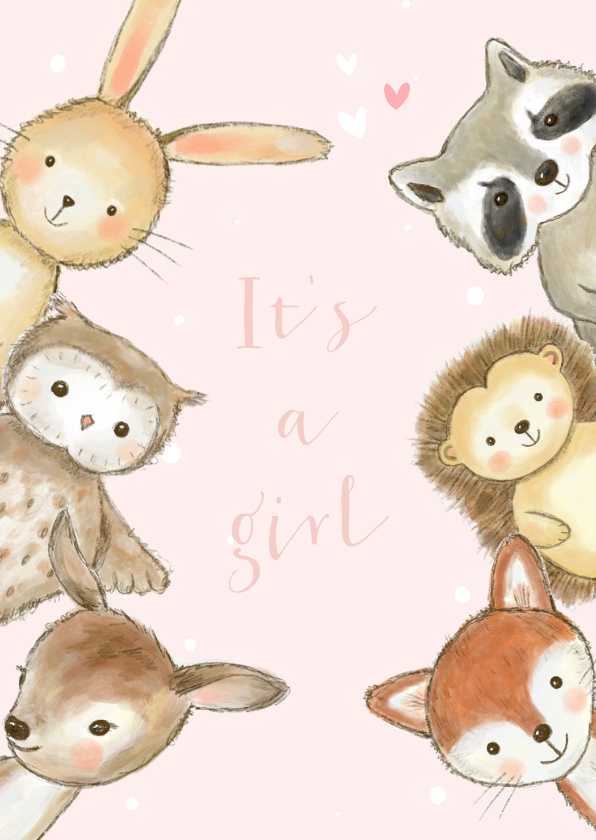 Felicitatiekaarten - Felicitatiekaartje bosdieren met confetti geboorte meisje 