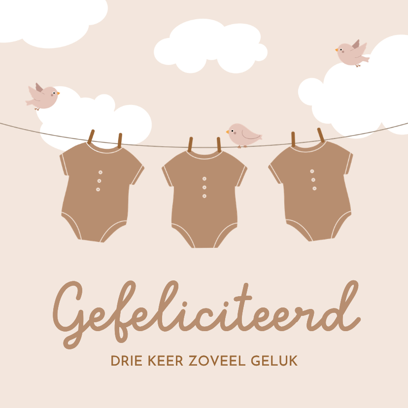Felicitatiekaartje drieling beige met waslijn en vogels - Felicitatiekaarten Felicitatiekaarten - Felicitatiekaartje drieling beige met waslijn en vogels