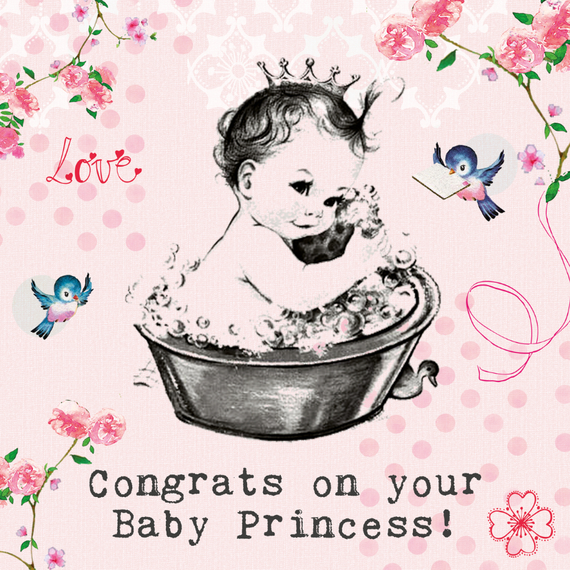 Felicitatiekaartje geboorte met baby prinsesje in bad - Felicitatiekaarten Felicitatiekaarten - Felicitatiekaartje geboorte met baby prinsesje in bad