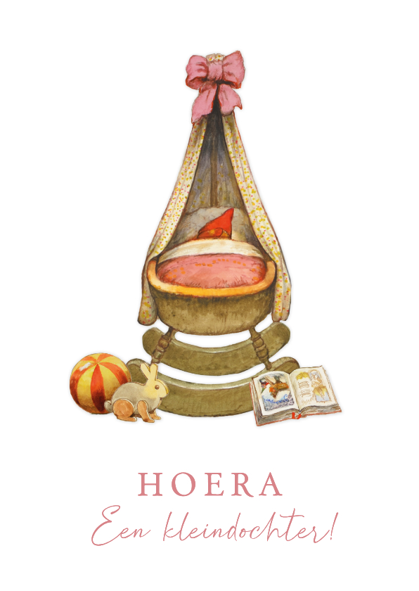 Felicitatiekaarten - Felicitatiekaartje hoera een kleindochter wiegje kabouter