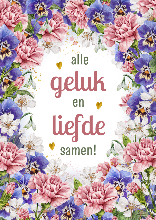 Felicitatiekaartje huwelijk met bloemen in lila en roze - Felicitatiekaarten Felicitatiekaarten - Felicitatiekaartje huwelijk met bloemen in lila en roze