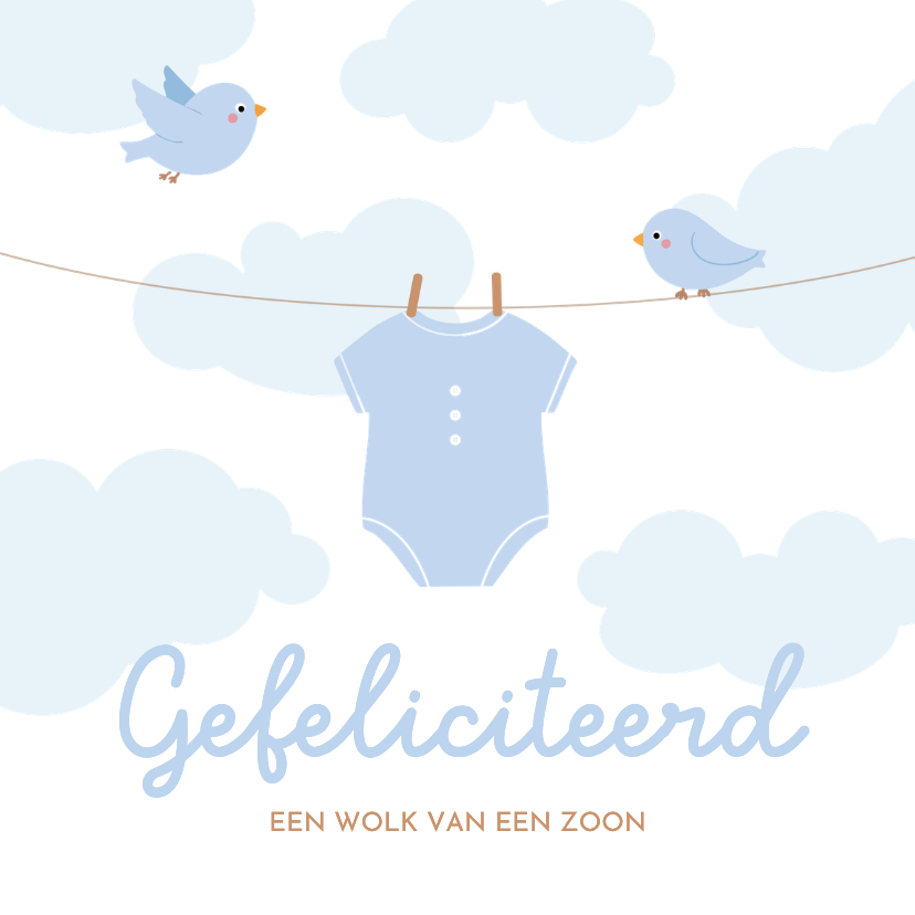 Felicitatiekaarten - Felicitatiekaartje jongen met waslijn rompertje en vogels