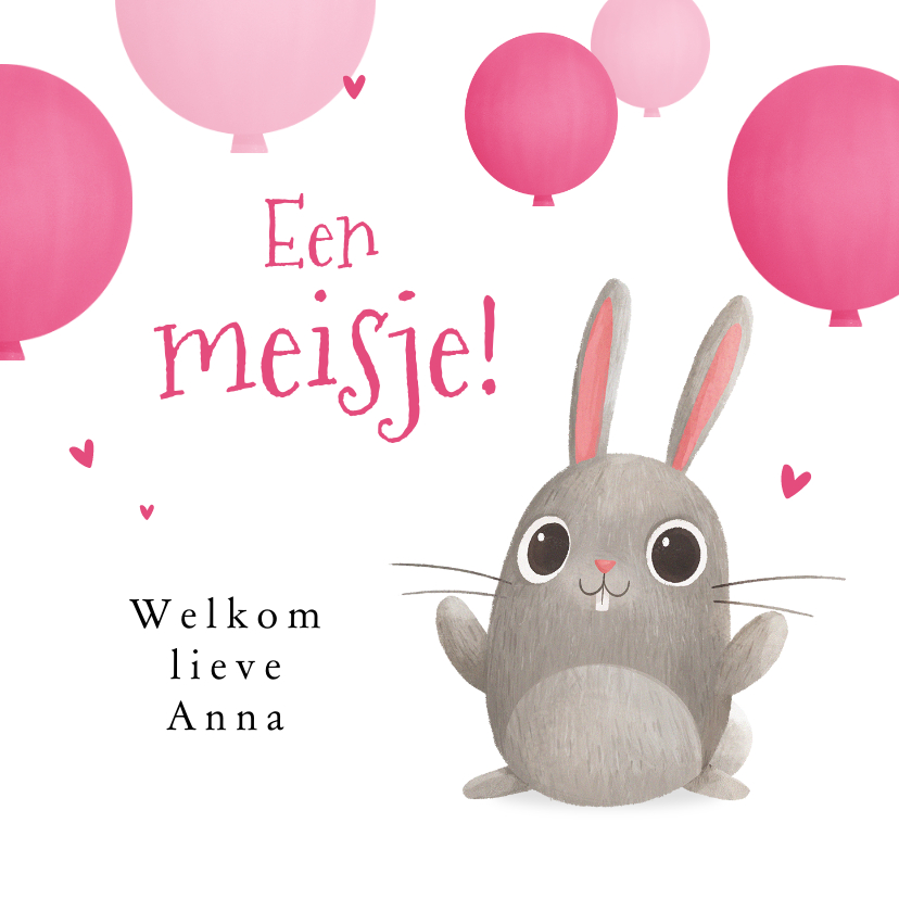 Felicitatiekaartje konijn ballonnen hartjes baby geboren - Felicitatiekaarten Felicitatiekaarten - Felicitatiekaartje konijn ballonnen hartjes baby geboren