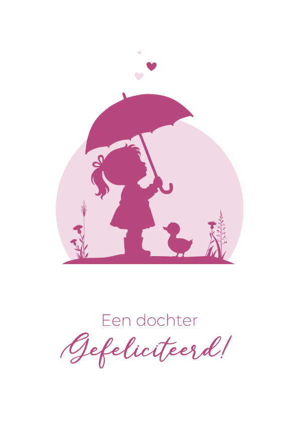 Felicitatiekaartje meisje met paraplu een eendje - Felicitatiekaarten Felicitatiekaarten - Felicitatiekaartje meisje met paraplu een eendje