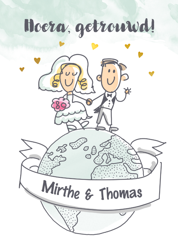 Felicitatiekaarten - Felicitatiekaartje met bruidspaar op wereldbol