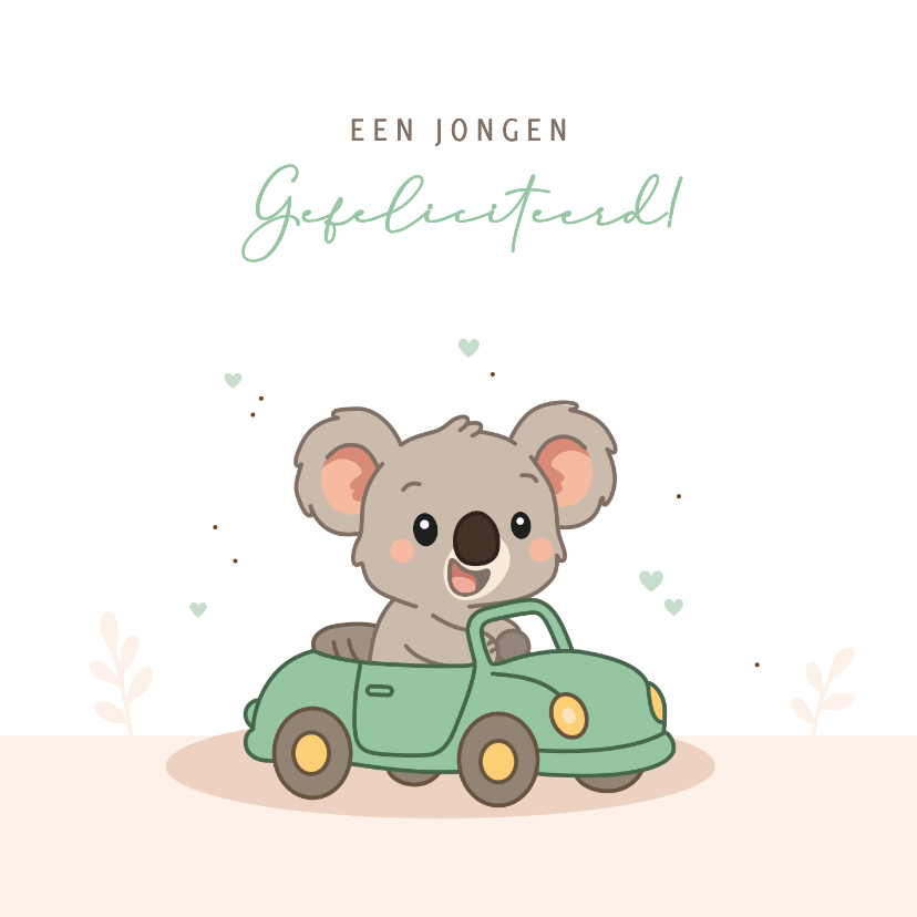 Felicitatiekaarten - Felicitatiekaartje met een koala in groene auto