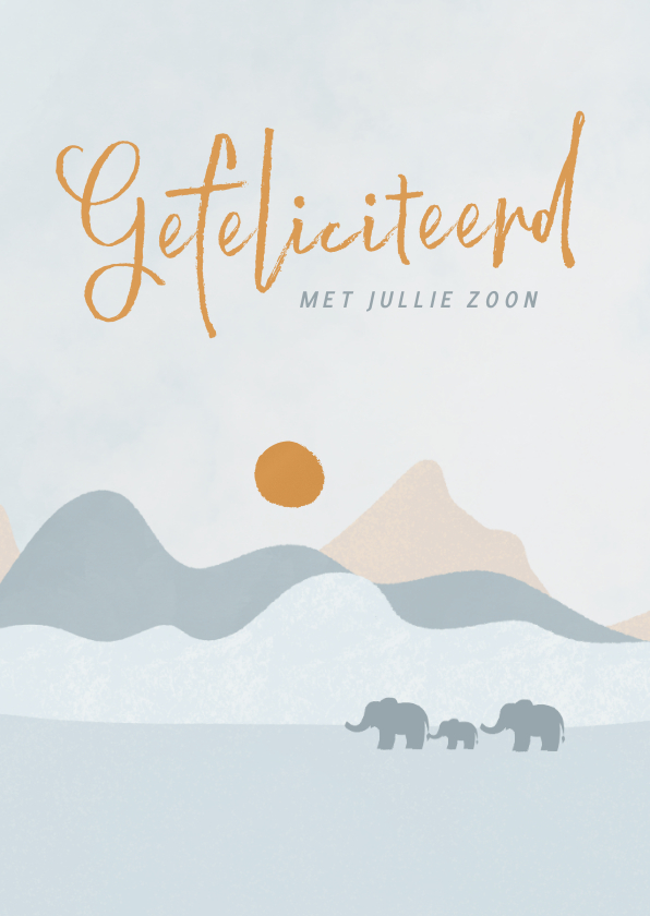 Felicitatiekaarten - Felicitatiekaartje met een landschap met olifantjes blauw