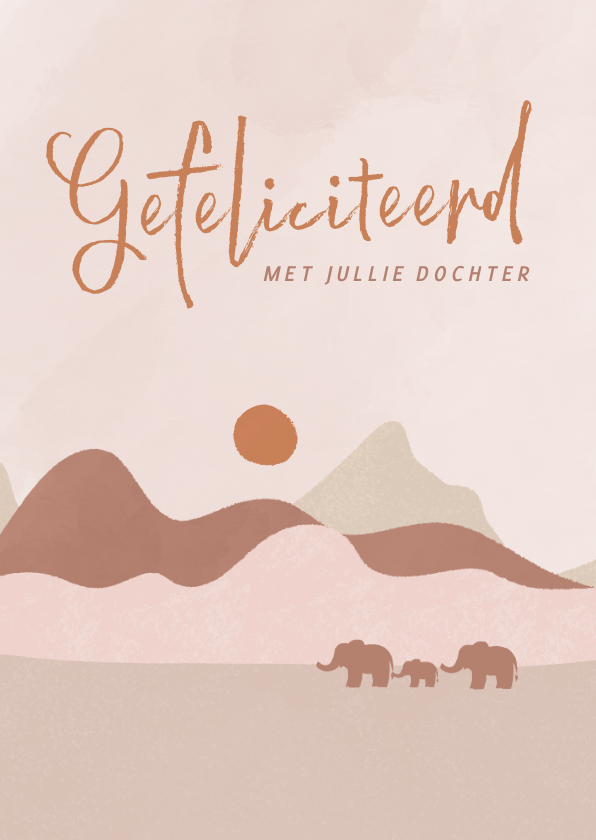 Felicitatiekaarten - Felicitatiekaartje olifantjes in een landschap roze