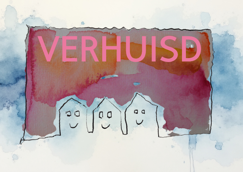 Felicitatiekaartje roze 3 met huisjes op een rij - Felicitatiekaarten Felicitatiekaarten - Felicitatiekaartje roze 3 met huisjes op een rij