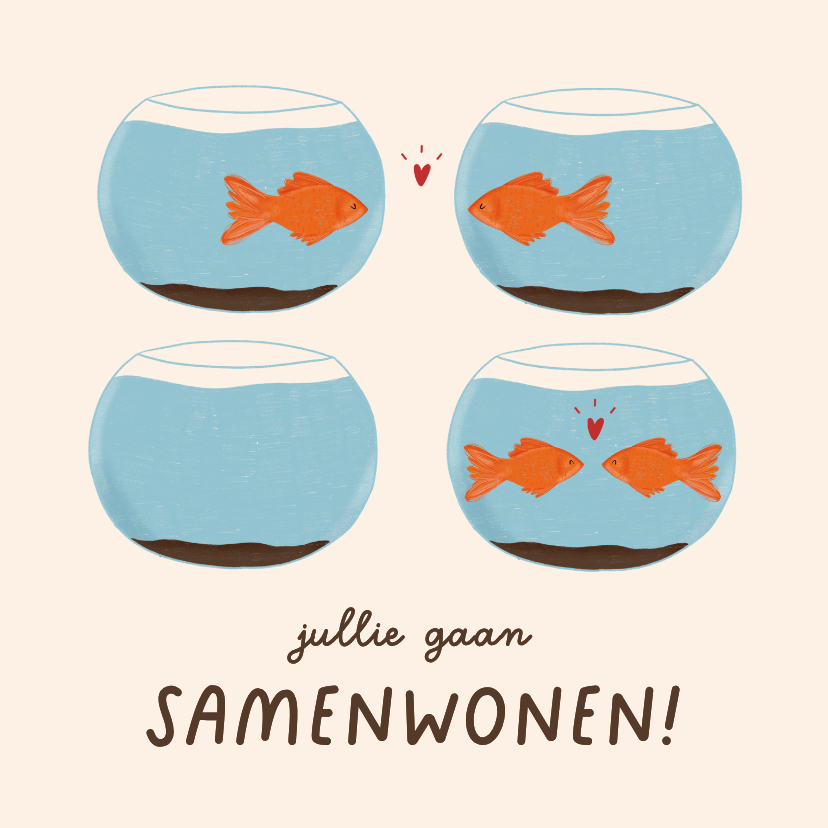 Felicitatiekaarten - Felicitatiekaartje samenwonen vissen in kom grappig 
