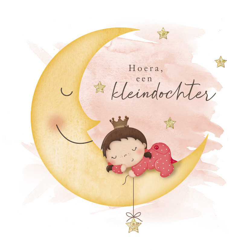 Felicitatiekaarten - Felicitatiekaartje slapend meisje liggend op de maan