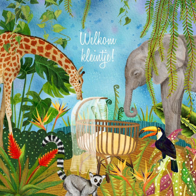 Felicitatiekaarten - Geboorte felicitatie kaart jungle dieren rond wiegje