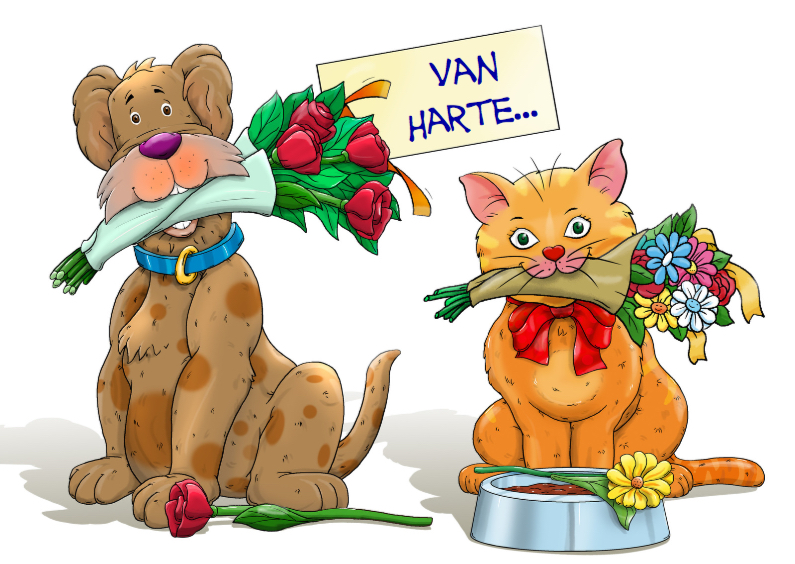 Felicitatiekaarten - Grappige felicitatiekaart met hond en kat met bloemen