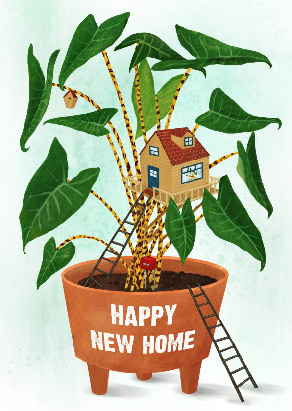 Felicitatiekaarten - Happy new home, felicitatie kaart kamerplant met tiny home