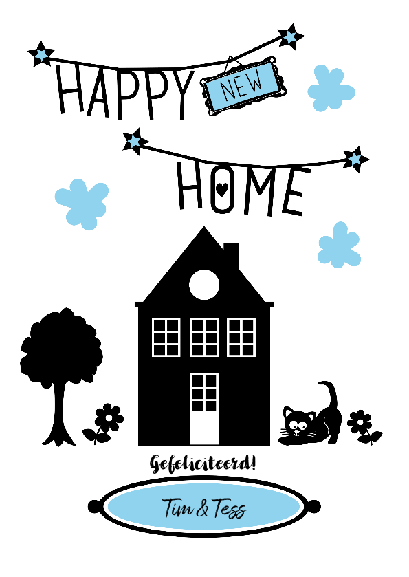 Happy new home, zwart wit met huisje, boompje, beestje - Felicitatiekaarten Felicitatiekaarten - Happy new home, zwart wit met huisje, boompje, beestje