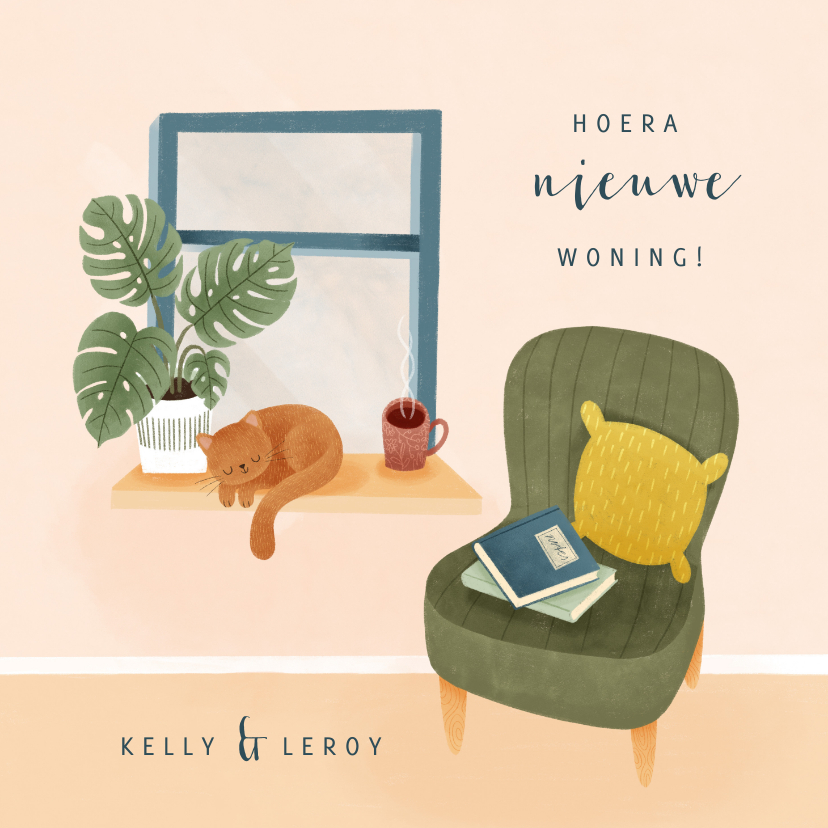 Hippe felicitatiekaart nieuwe woning met raam, stoel en kat - Felicitatiekaarten Felicitatiekaarten - Hippe felicitatiekaart nieuwe woning met raam, stoel en kat