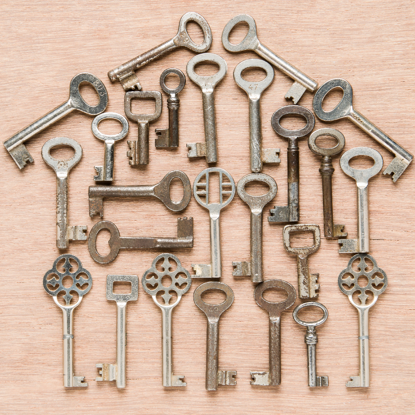 Felicitatiekaarten - Huisje gemaakt van diverse sleutels