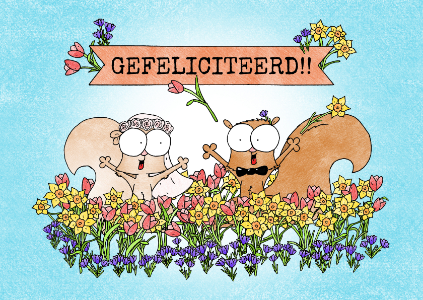 Felicitatiekaarten - Huwelijksfelicitatie lente met eekhoorntjes in bloemenveld