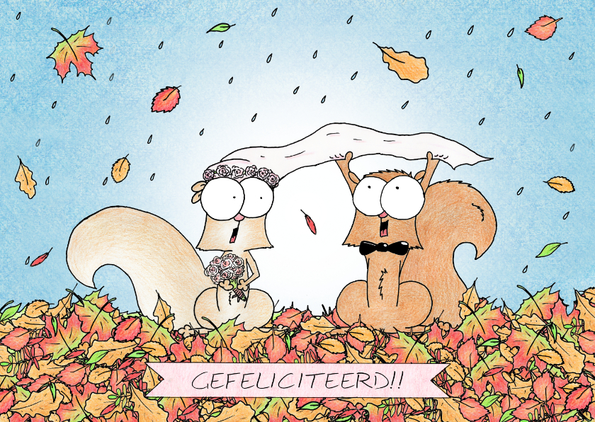 Felicitatiekaarten - Huwelijksfelicitatie met eekhoorntjes op bladerhoop