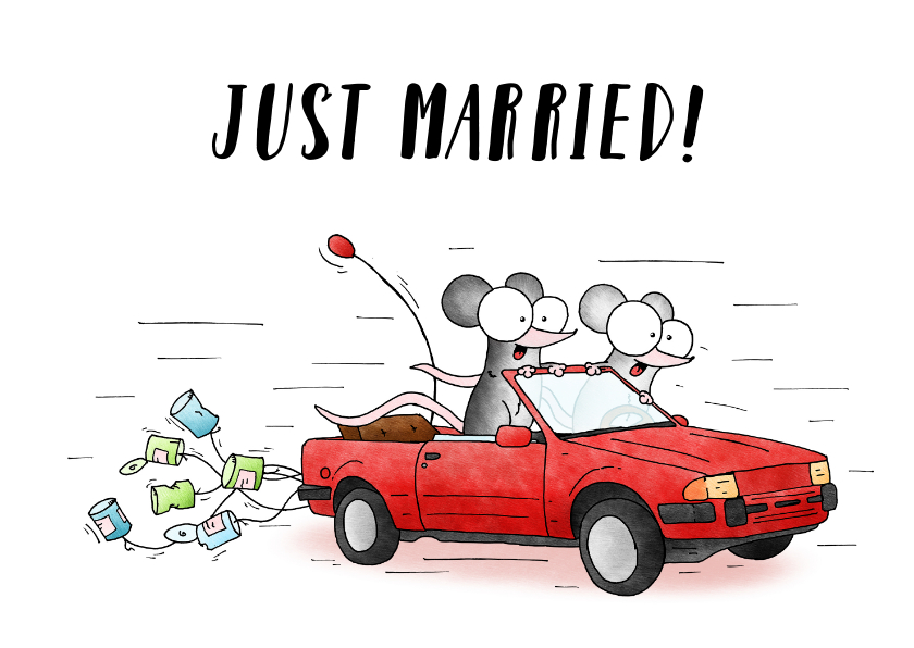 Felicitatiekaarten - Huwelijksfelicitatie - twee muisjes in een trouwauto