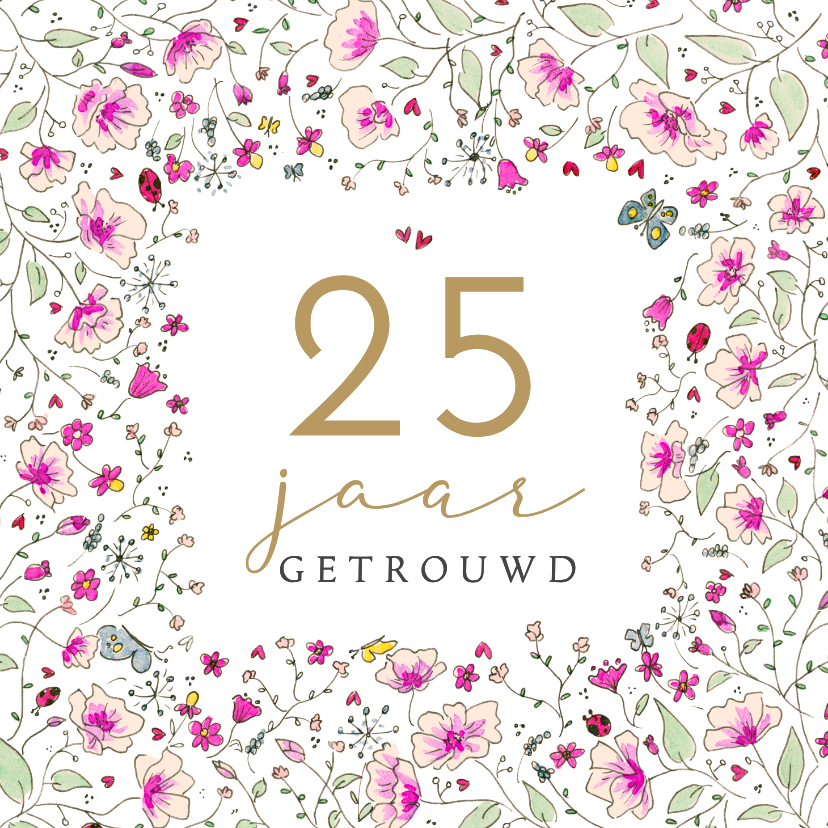 Felicitatiekaarten - Huwelijksjubileum bloemenkader met vlinders