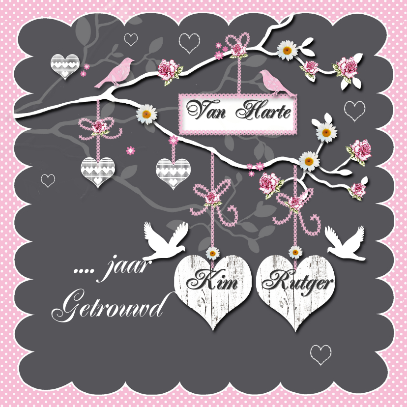 huwelijksjubileum takje met harten - Felicitatiekaarten Felicitatiekaarten - huwelijksjubileum takje met harten