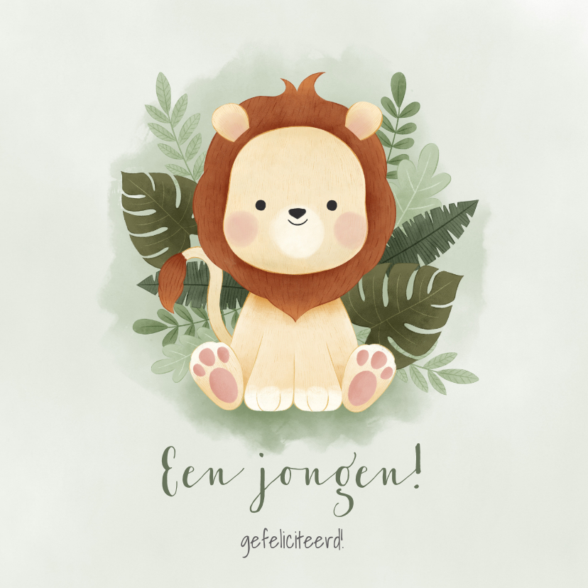Felicitatiekaarten - Jungle felicitatiekaart voor jongen met leeuwtje
