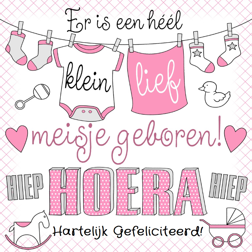 Leuke felicitatie geboorte meisje met waslijn - Felicitatiekaarten Felicitatiekaarten - Leuke felicitatie geboorte meisje met waslijn