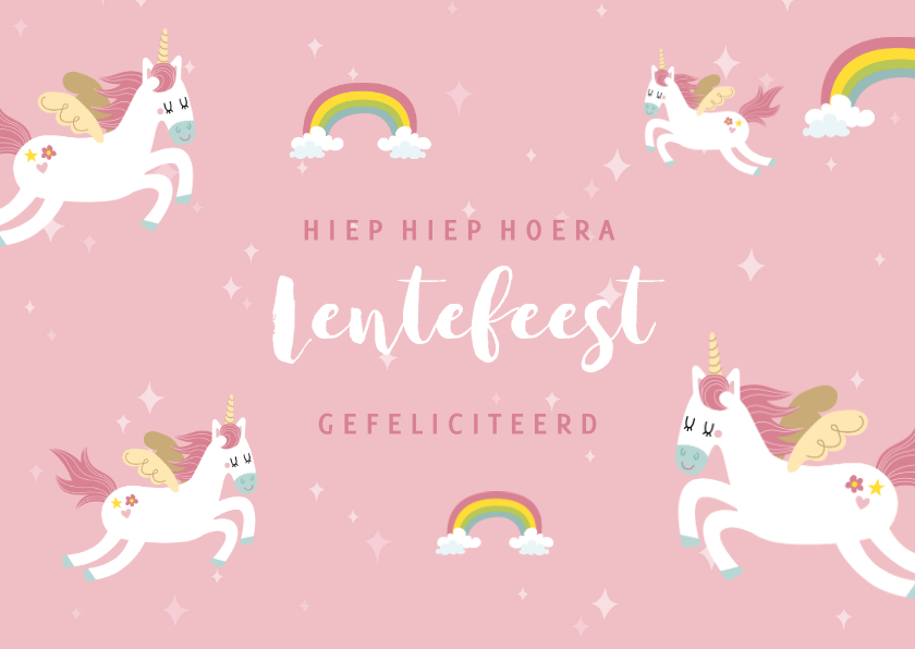 Felicitatiekaarten - leuke felicitatie voor een lentefeest met eenhoorns