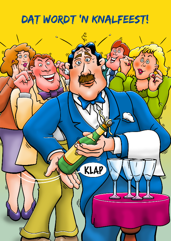 Leuke felicitatiekaart ober met champagne - Felicitatiekaarten Felicitatiekaarten - Leuke felicitatiekaart ober met champagne