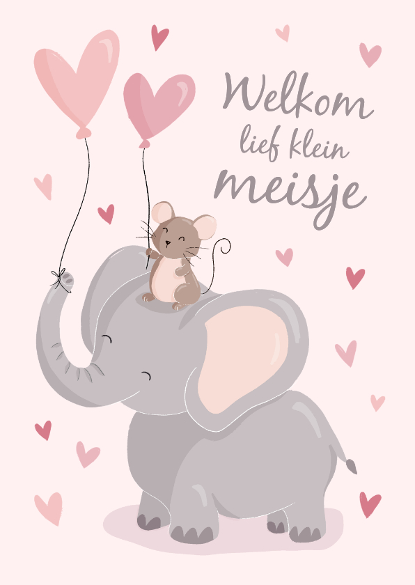 Lieve felicitatiekaart met muis en olifant geboorte meisje - Felicitatiekaarten Felicitatiekaarten - Lieve felicitatiekaart met muis en olifant geboorte meisje