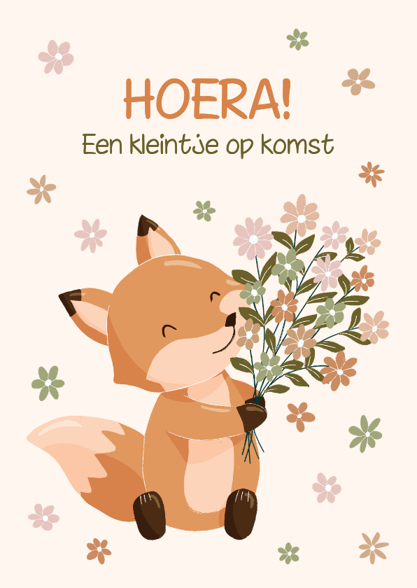 Lieve felicitatiekaart met vosje en boeket bloemen - Felicitatiekaarten Felicitatiekaarten - Lieve felicitatiekaart met vosje en boeket bloemen