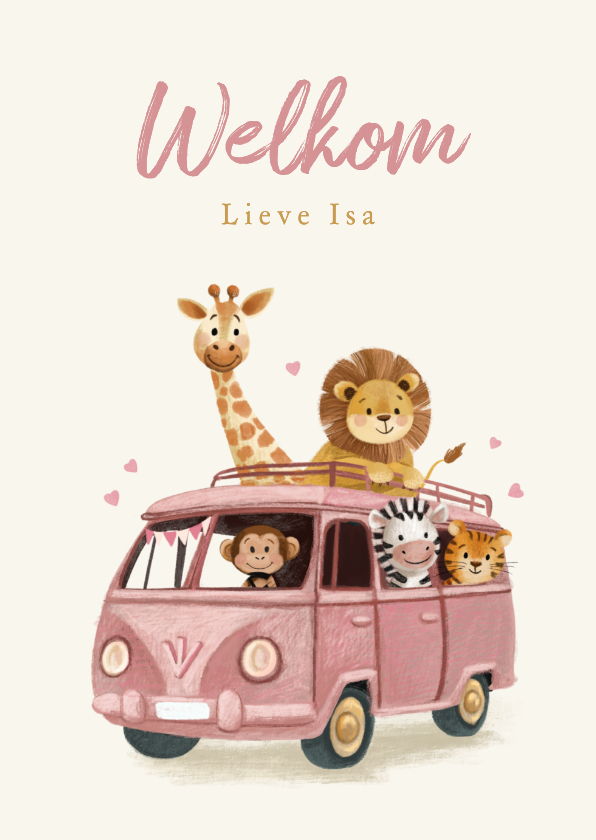 Felicitatiekaarten - Lieve felicitatiekaart met vrolijke dieren in een busje