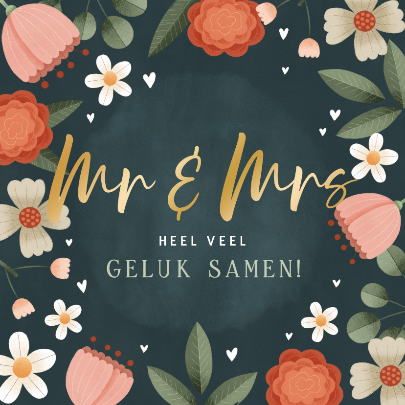 Felicitatiekaarten - Moderne felicitatiekaart huwelijk bloemenkader en hartjes