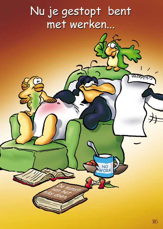 Pinguins pensioen in ligstoel - Felicitatiekaarten Felicitatiekaarten - Pinguins pensioen in ligstoel
